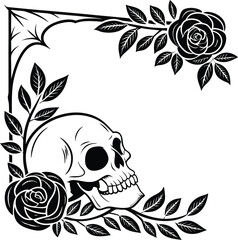 Skull and Floral Tattoo Design in Black and White