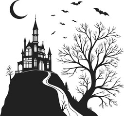 Spooky Halloween Castle at Night with Moon and Vintage Village