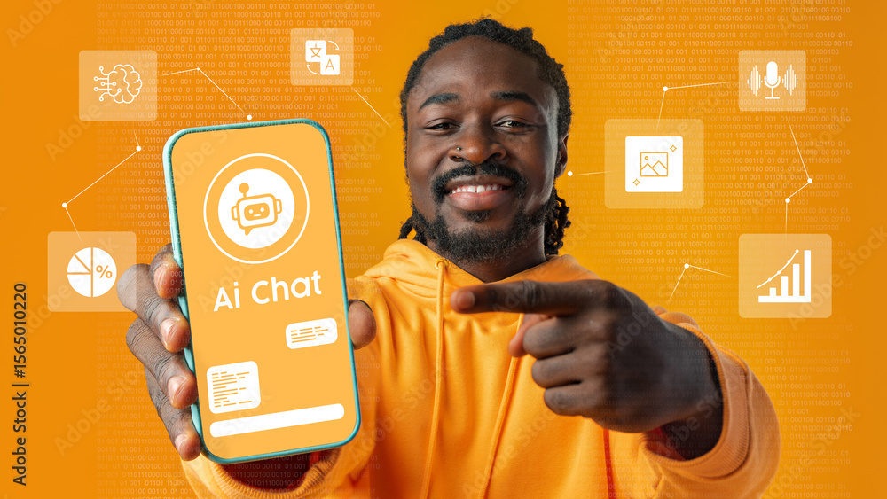 Poster smiling man showcasing ai chat application on smartphone with vibrant background in technology-focus