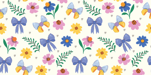 Colorful Cute Flowers Seamless Pattern with Ribbons. Doodle quirky summer and spring plants. Feminine repeatable background perfect for fashion, clothing, cards, invitations, wrapping paper
