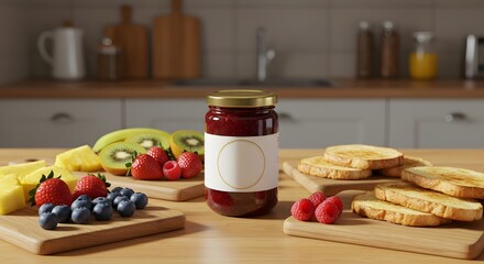 breakfast in kitchen, Mockup of assorted jam jar in a cozy kitchen scene, surrounded by fresh fruits and toast under warm overhead lighting, evoking a relaxed morning breakfast atmosphere