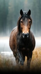 Obraz premium Majestic brown horse walking through misty grassland at dawn near a serene water body