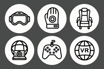 Collection of six virtual reality gaming icons in white circles on a dark background