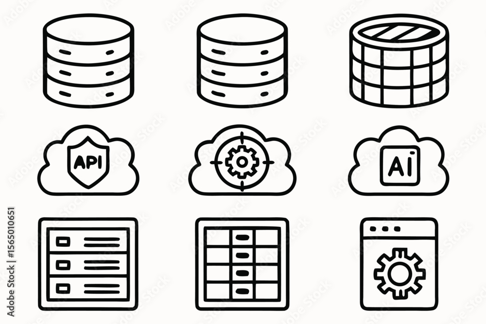 Poster collection of nine modern flat icons representing data storage cloud computing and artificial intell
