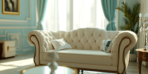 Classic white soft sofa in an elegant living room in white and soft blue tones, filled with sunlight and comfort. Modest charm of luxury and sophistication of an expensive interior. Luxury living room