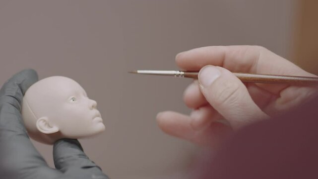 Closeup of worker using fine brush to paint silicone doll head held with gloved hand, focusing on facial detailing and careful handcrafted artistry