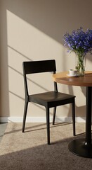 A cosy nook of the coffee shop, a simple black chair and a round wooden table, blue flowers in the vase and a cup of coffee on the table. Sunlight. A place for layout, advertising. Mock-up wall.