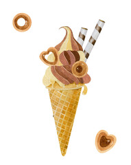 Watercolor chocolate ice ceam with wafer rolls and cookies in wafer cone isolated on white background. Summer cold dessert.