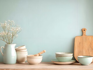 a wooden table topped with bowls and a wooden cutt