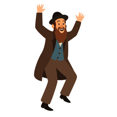 Jewish man dancing Hasidic dance. Man dressed in traditional Jewish clothes. celebration of Jewish holidays Sukkot and Simhat Tora and Simchat Beit HaShoeivah