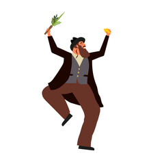Jewish man dancing Hasidic dance. Man dressed in traditional Jewish clothes. celebration of Sukkot and Simchat Tora and Simchat Beit HaShoeivah