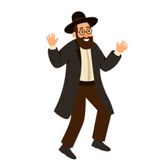 Jewish man dancing Hasidic dance. Man dressed in traditional Jewish clothes. celebration of Jewish holidays Sukkot and Simhat Tora and Simchat Beit HaShoeivah