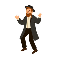 Jewish man dancing Hasidic dance. Man dressed in traditional Jewish clothes. celebration of Jewish holidays Sukkot and Simhat Tora and Simchat Beit HaShoeivah