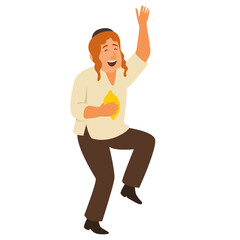 Jewish man dancing Hasidic dance. Man dressed in traditional Jewish clothes. celebration of Sukkot and Simchat Tora and Simchat Beit HaShoeivah