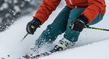 Close-up of a skier’s gloved hands gripping the poles tightly