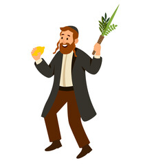 Jewish man dancing Hasidic dance. Man dressed in traditional Jewish clothes. celebration of Sukkot and Simchat Tora and Simchat Beit HaShoeivah