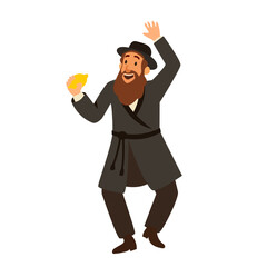 Jewish man dancing Hasidic dance. Man dressed in traditional Jewish clothes. celebration of Sukkot and Simchat Tora and Simchat Beit HaShoeivah