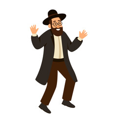 Jewish man dancing Hasidic dance. Man dressed in traditional Jewish clothes. celebration of Jewish holidays Sukkot and Simhat Tora and Simchat Beit HaShoeivah