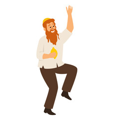 Jewish man dancing Hasidic dance. Man dressed in traditional Jewish clothes. celebration of Sukkot and Simchat Tora and Simchat Beit HaShoeivah