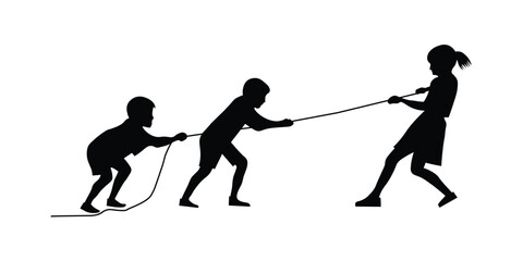Children Playing Tug of War Silhouette – Teamwork and Friendly Competition Outdoor Game Vector Design