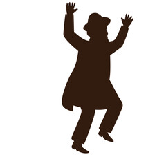 Jewish man hasidic dancing. Flat vector silhouettes. Black on a white background. The figures are dressed in long coats and sashes fluttering to the sides as they move