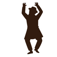 Jewish man hasidic dancing. Flat vector silhouettes. Black on a white background. The figures are dressed in long coats and sashes fluttering to the sides as they move
