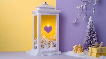 Fototapeta premium Winter Lantern Scene with Purple Heart and Snow