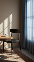 Cosy corner of the minimalist coffee shop, simple black chair and round wooden table, delicate blue curtain on the window, the plastered wall. Sunlight. A place for layout, advertising. Mock-up wall. 