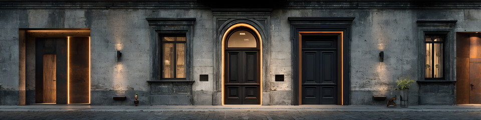 Elegant dark wooden doors with classic architectural details and a minimalist modern design The doorways have a sophisticated luxurious feel with a touch of mystery and moodiness