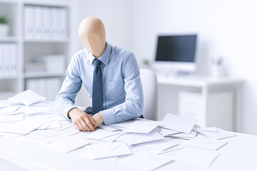 Faceless person formal office setting with desk cluttered with papers, wearing light blue shirt and tie, appears stressed or overwhelmed, highlighting daily work routine and stress with desire