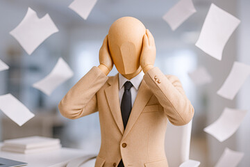 Person beige suit holding wooden mask over their face with papers flying around office environment, illustrating stress and routine daily work leading to frustration and need for relaxation