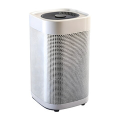 Photo of a sleek white air purifier with a square design and a silver mesh filter, isolated on transparent background