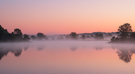 Naklejka premium Misty sunrise over a tranquil lake.