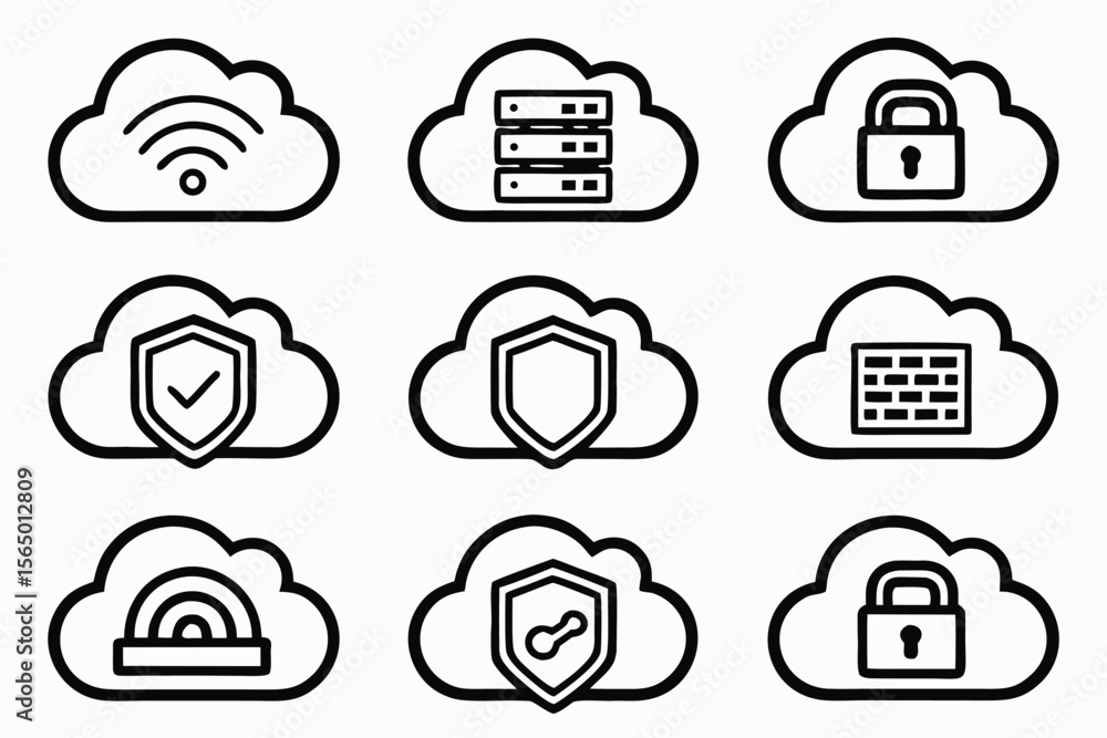 Poster collection of cloud computing icons representing security data and network connectivity