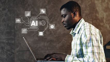 Skilled individual uses laptop to explore artificial intelligence concepts in a modern workspace...
