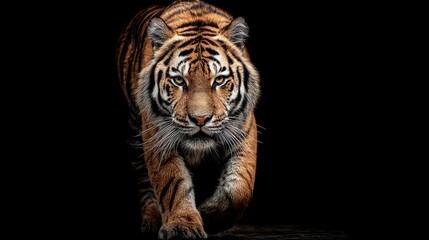 Tiger prowls a majestic predator in striking focus against a dark background