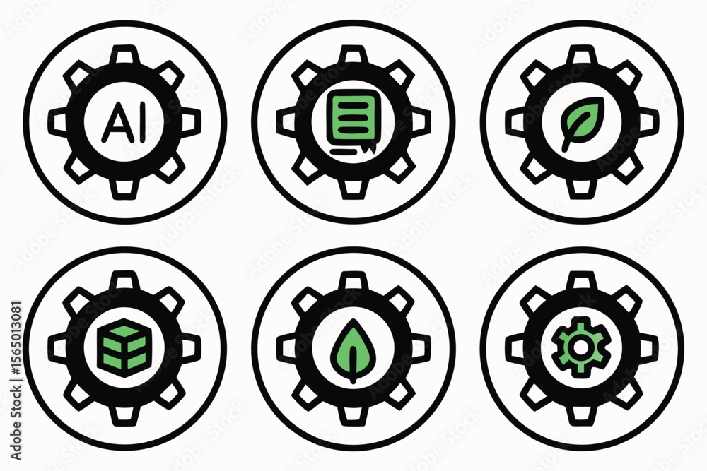 Poster set of six circular icons representing different technological and environmental concepts
