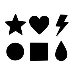 set of solid black shape icons including a star, heart, lightning bolt, circle, square, and drop. Perfect for UI, minimal design, or education visuals