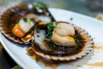 Close-up of two cooked scallops in their shells with herbs and sauce, served on a white plate with shallow depth of field and copy space for text or design