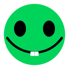 Funny green emoji expressing a positive mood with a wide smile and black eyes