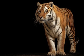 Tiger standing looking left in striking detail against a black backdrop
