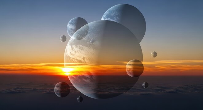 "Surreal sunset with translucent floating planets merging into the horizon sky, dreamy cosmic landscape"









