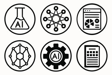 Set of six circular icons representing artificial intelligence concepts and technologies