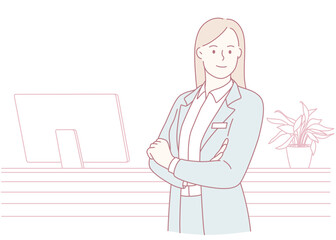 A confident woman stands proudly at her desk, fully embodying professionalism in a contemporary workplace setting