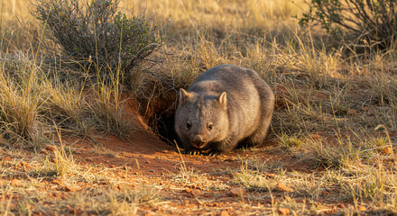 Australian wombat walking and digging in dry grassland.
