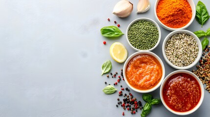 "Assorted Spices and Herbs on Gray Background"