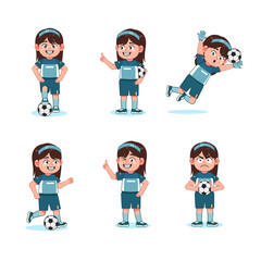 set of Cute Girl Character Cartoon Playing Football