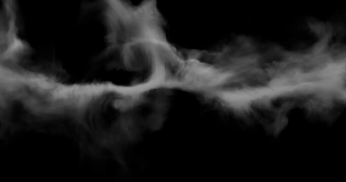 Smoke on a black background emanates from the middle of the frame. Realistic smoke cloud overlay, perfect for compositing in your work. Just drag it and change the blending mode to screen or add.