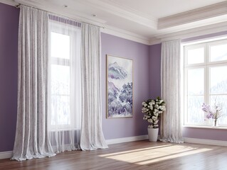 Fototapeta premium modern interior mockup, slightly furnished, lavender wall, beautiful white printed curtains, huge windows, beautiful painting on the wall 