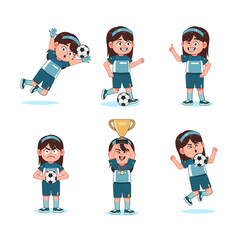 Cute Girl Character Cartoon Playing Football with different pose set